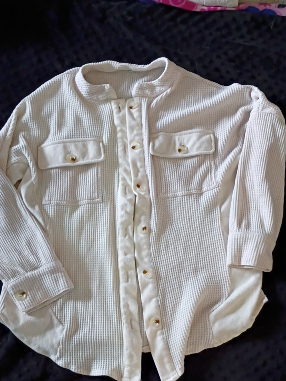 Women's White Waffle-Knit Button-Up Shirt